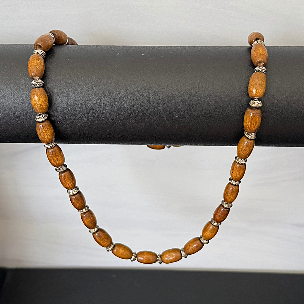 Mens 18" Brown Wood Barrel and Silver Beaded Necklace on A Black Rod