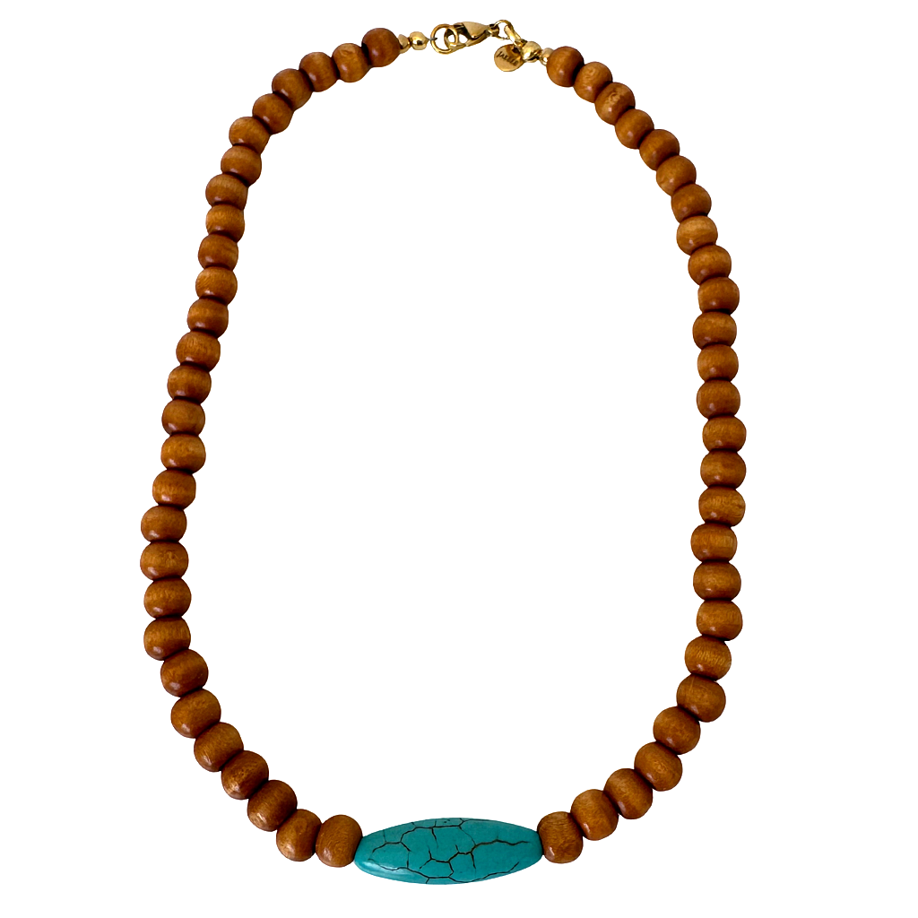 Mens Brown Wood and Turquoise Magnesite Beaded Necklace.