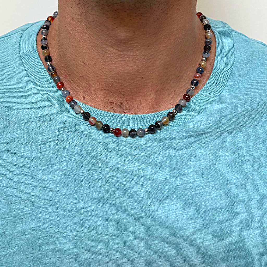 Mens Dark Multi-Color 6mm Agate and Silver Beaded Necklace On A Man