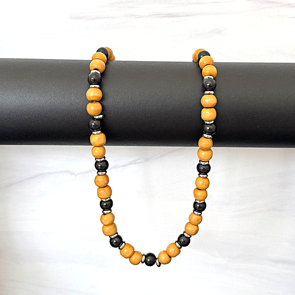 Mens Dark and Light Brown Wood Beaded Necklace On Black Rod