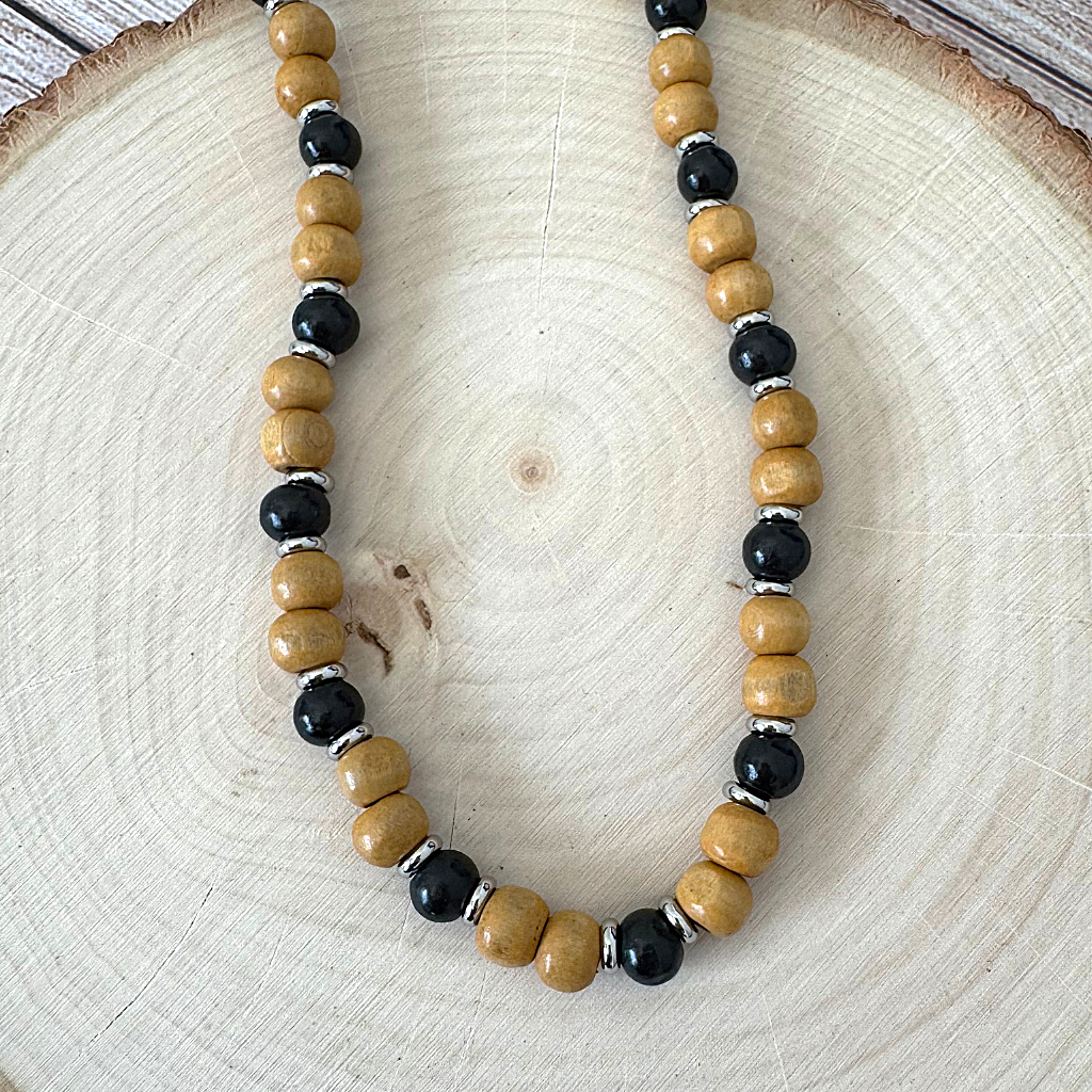 Mens Dark and Light Brown Wood Beaded Necklace On Wood Display