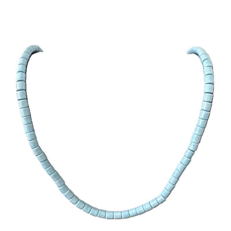 Mens Denim Blue Agate Beaded Necklace White Background