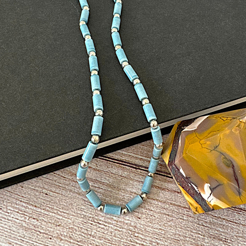 Mens Denim Blue Agate and Silver Beaded Necklace On A Book