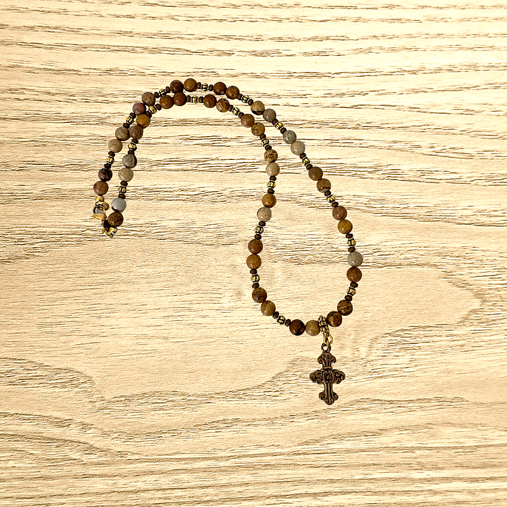 Mens Gold Cross 6mm Picture Jasper Beaded Necklace.