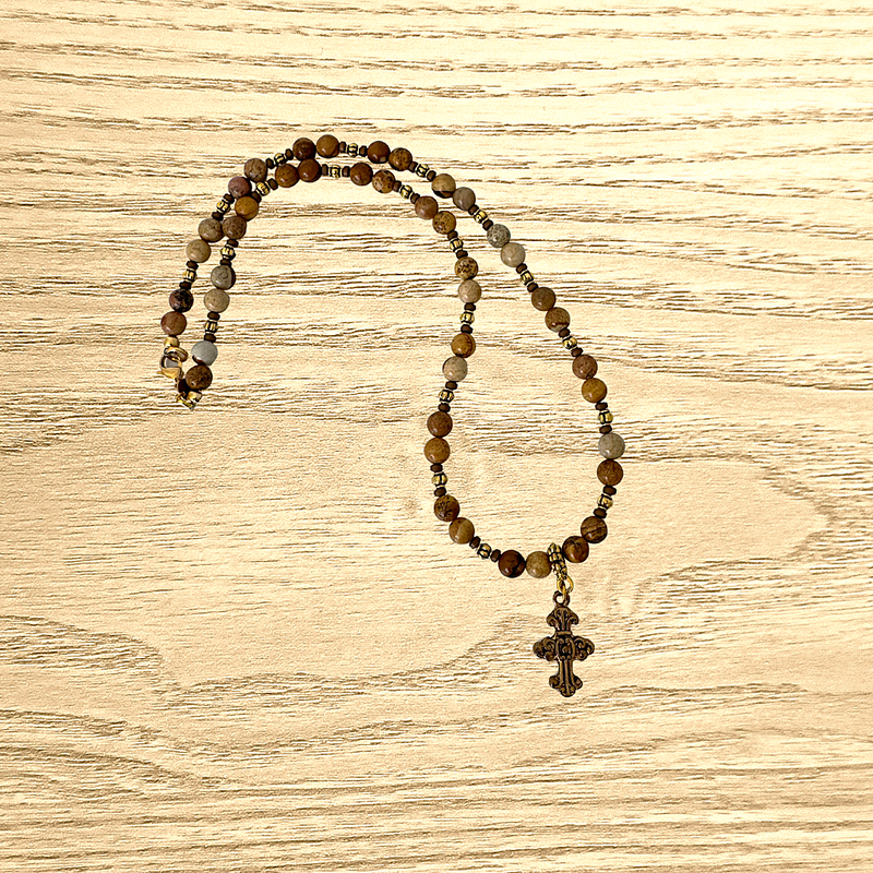 Mens Gold Cross 6mm Picture Jasper Beaded Necklace.