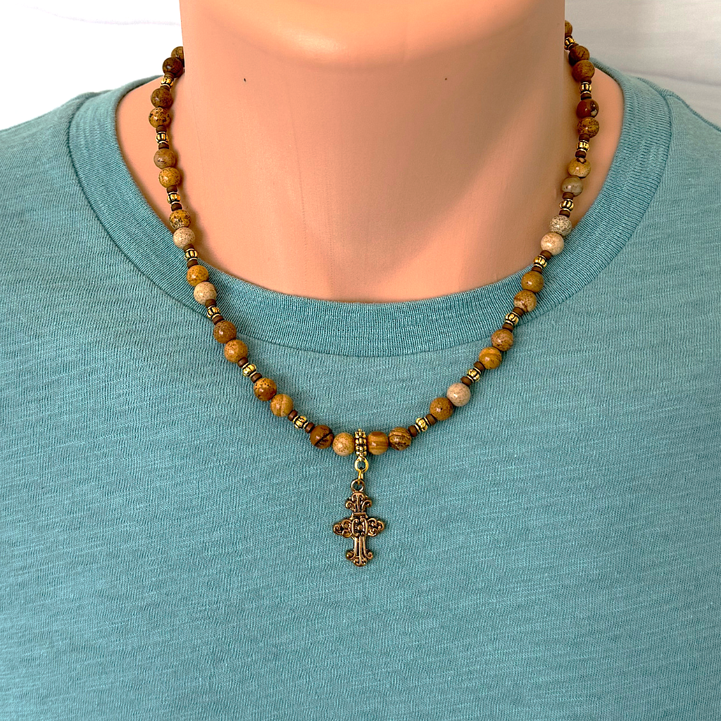 Mens Gold Cross Picture Jasper Beaded Necklace.