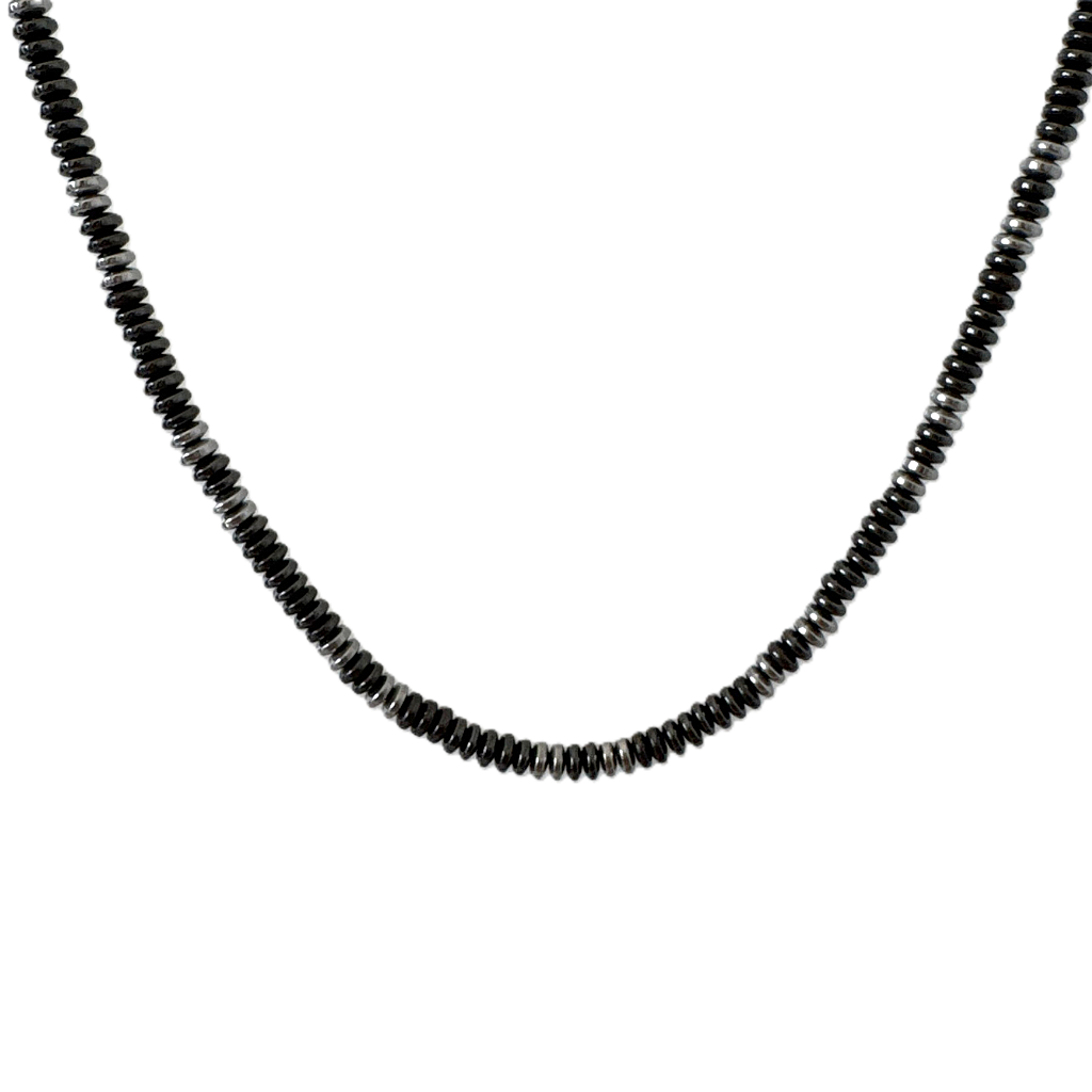 Mens Gunmetal and Silver Hematite Rondelle Beaded Necklace on a white background