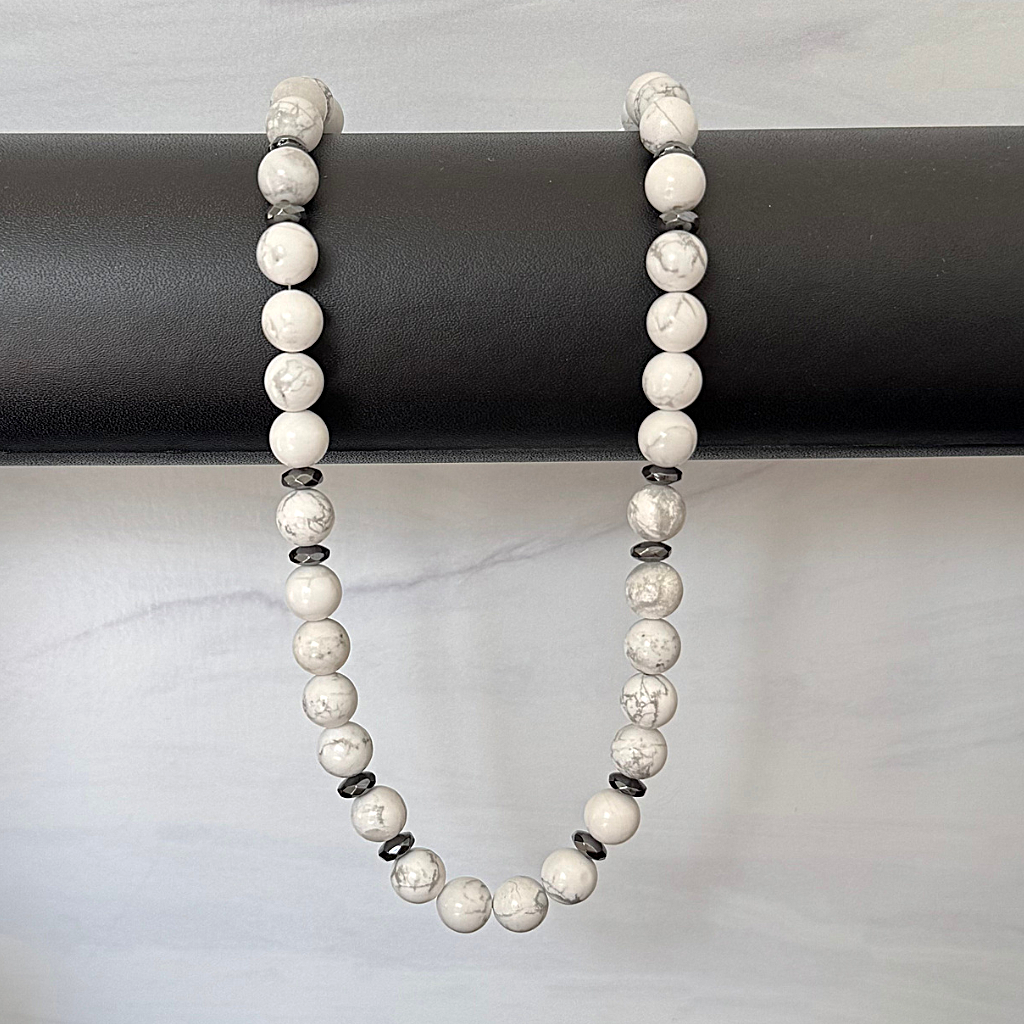 Mens Howlite and Hematite 8mm Beaded Necklace