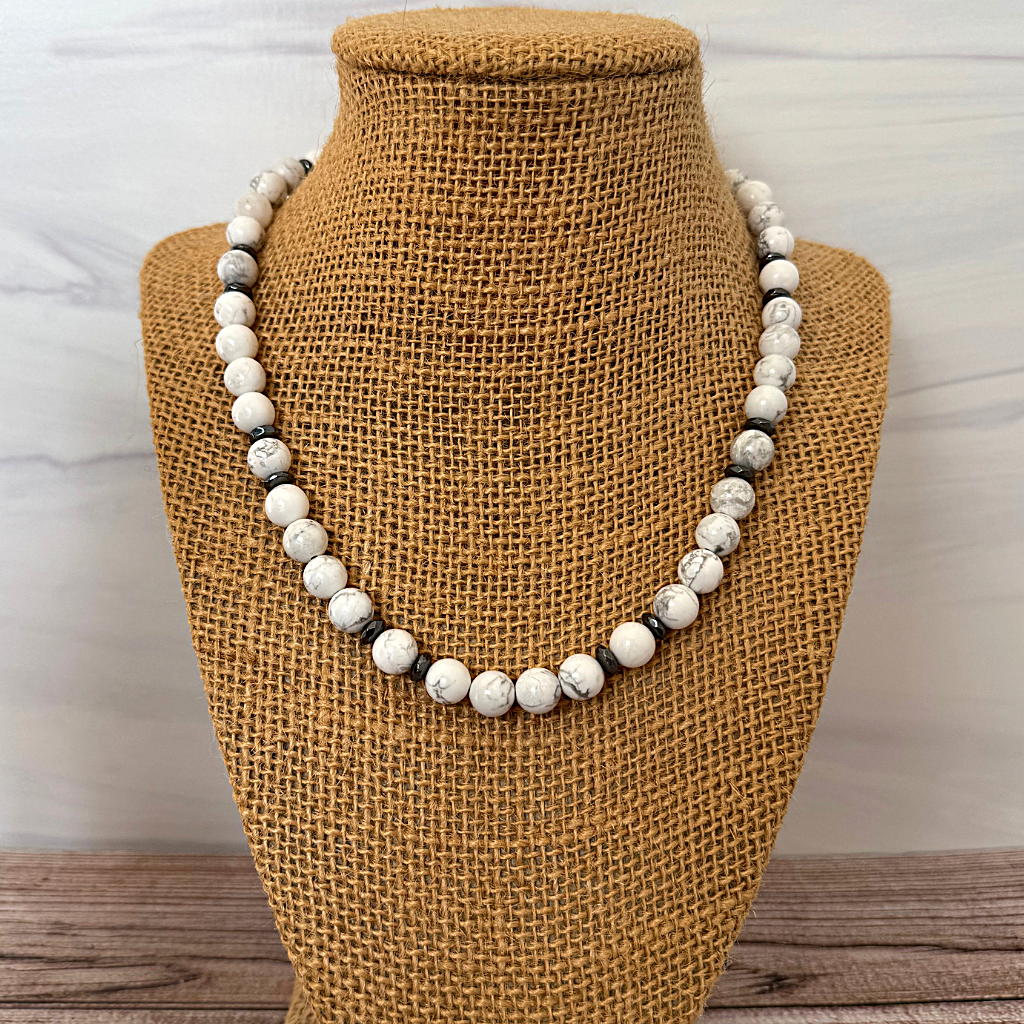 Mens Howlite and Hematite 8mm Beaded Necklace