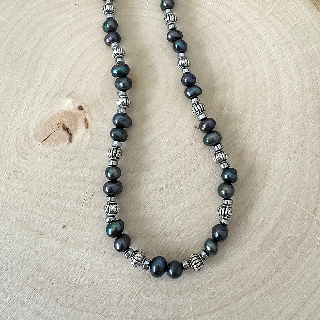 Mens Iris Green Potato Pearl Necklace On Wood Display