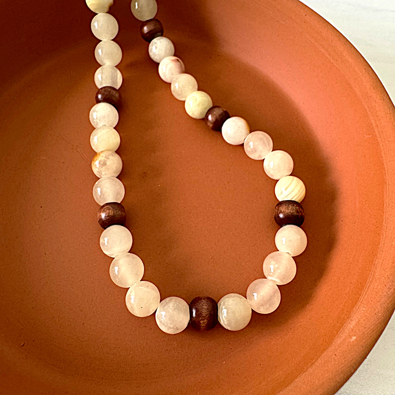 Mens Italian Onyx and Wood Beaded Necklace Displayed