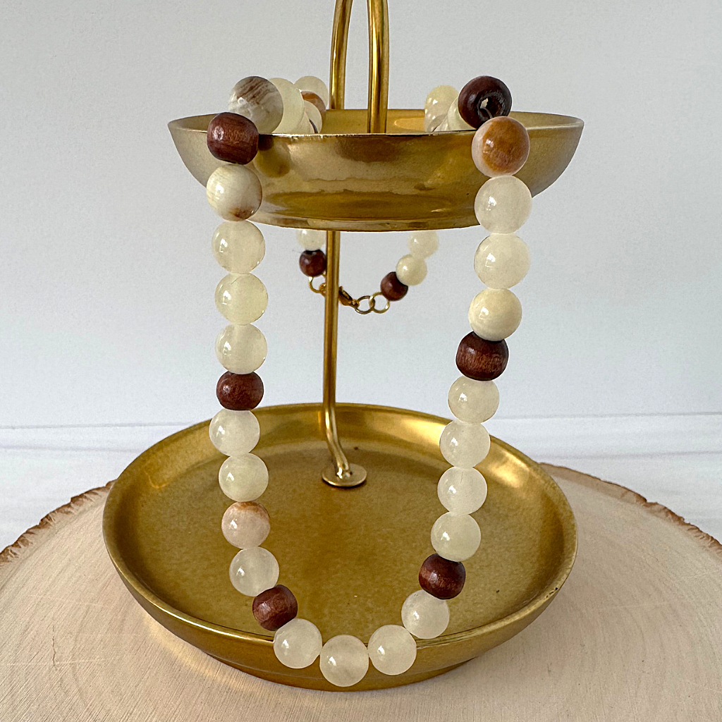 Mens Italian Onyx and Wood Beaded Necklace On a Gold Tray.
