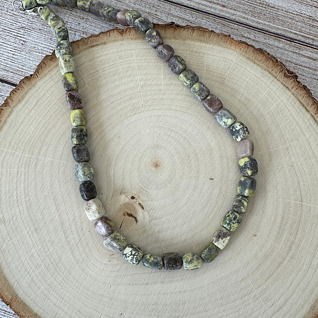 Mens Lepidolite Pebble Beaded Necklace On Wood Display
