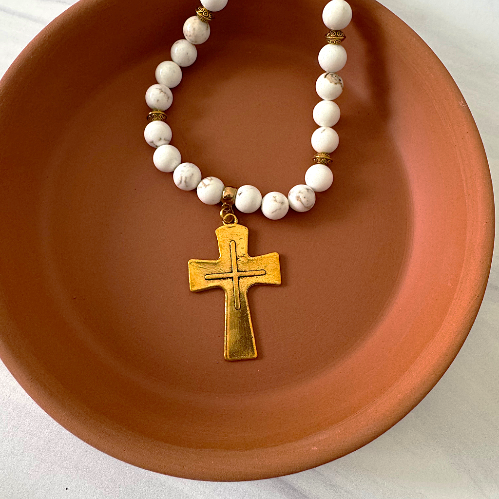 Mens Magnesite Beaded Necklace with Large Gold Cross On A Dish