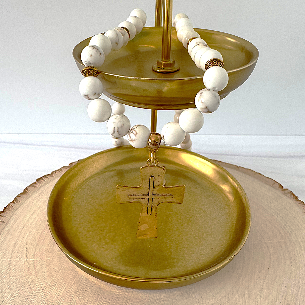 Mens Magnesite Beaded Necklace with Large Gold Cross On A Display
