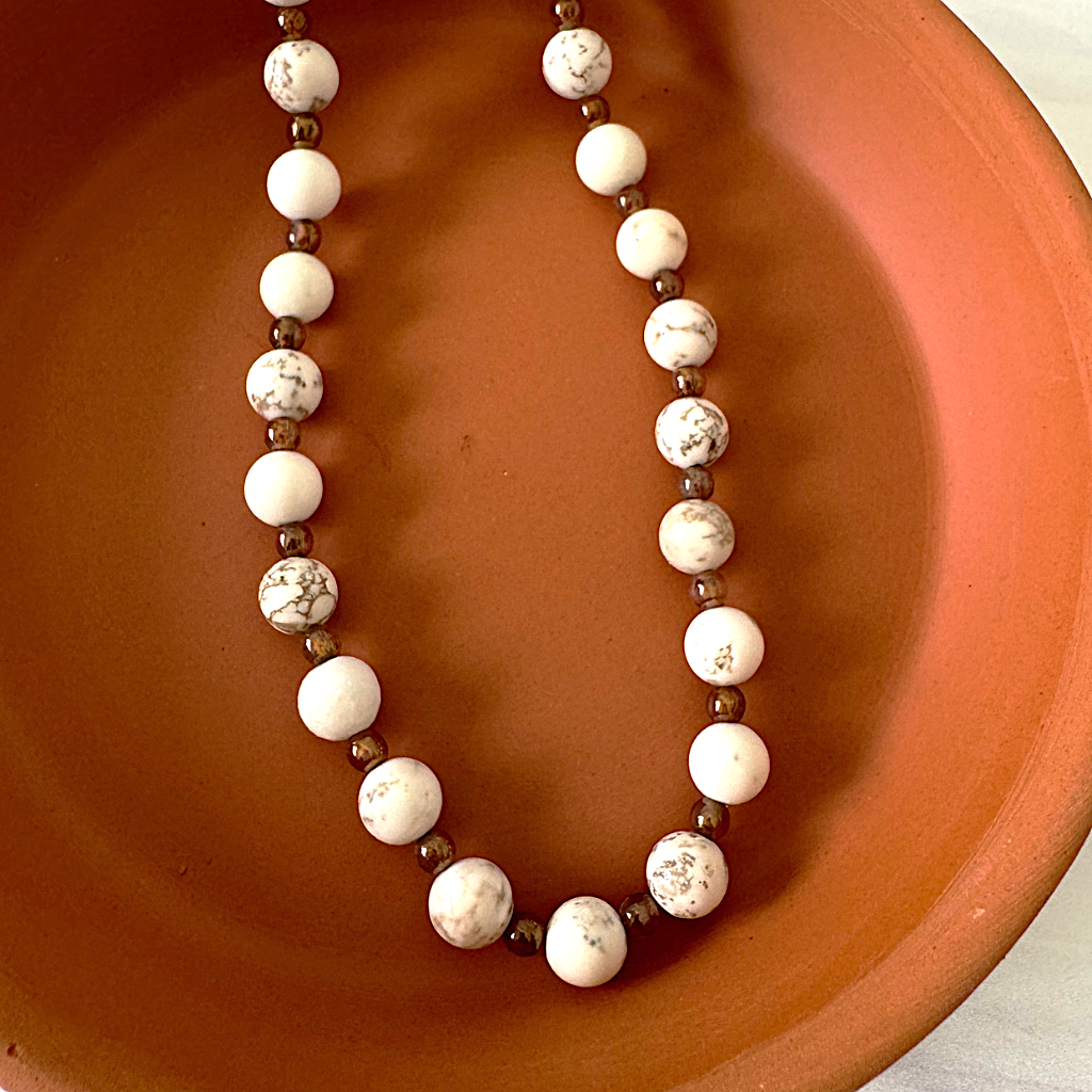 Mens Magnesite and Gold and Smoky Czech Beaded Necklace Displayed