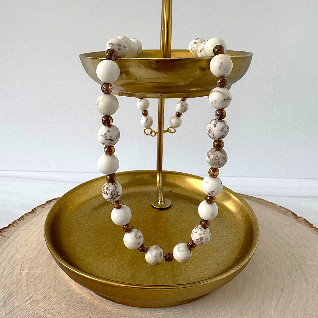 Mens Magnesite and Gold and Smoky Czech Beaded Necklace On A Tray