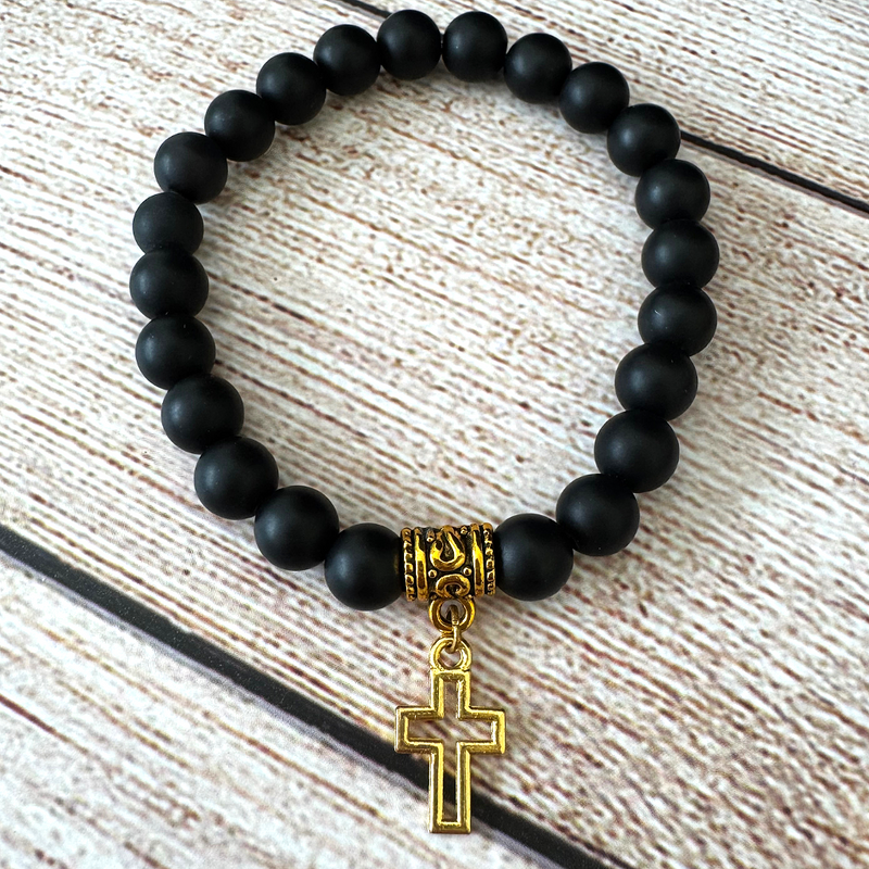 Mens Matte Black Onyx Beaded Stretch Bracelet with Gold Cross.