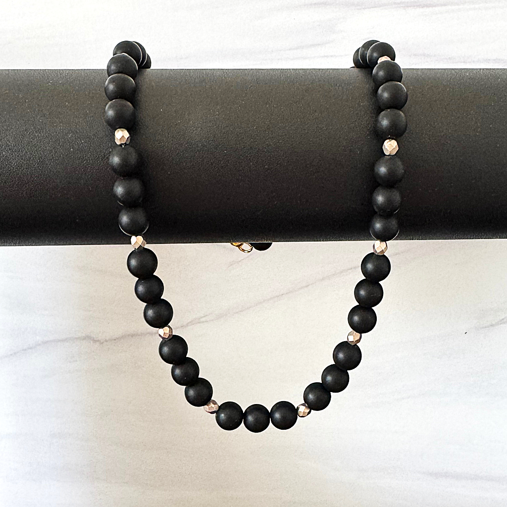 Mens Matte Black Onyx and Gold Czech Beaded Necklace On A Black Rod