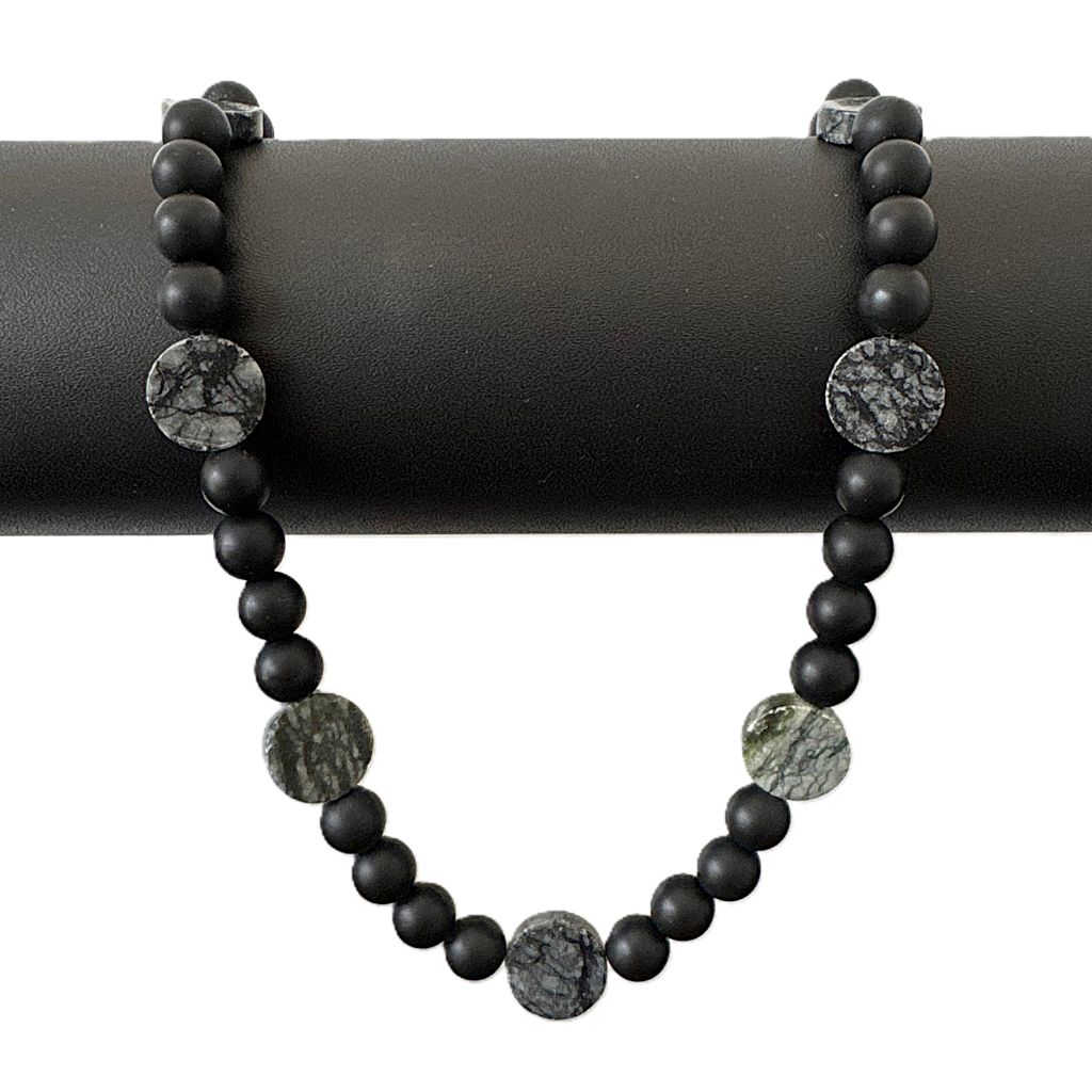 Mens Matte Black Onyx and Picasso Serpentine Beaded Necklace On A Black Rod