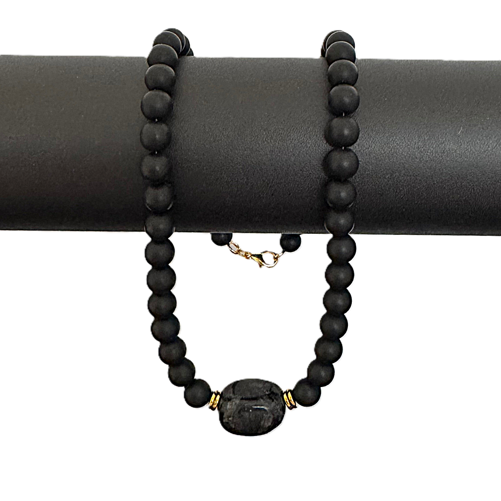Mens Matte Black Onyx and Serpentine Nugget Beaded Necklace On A Pole