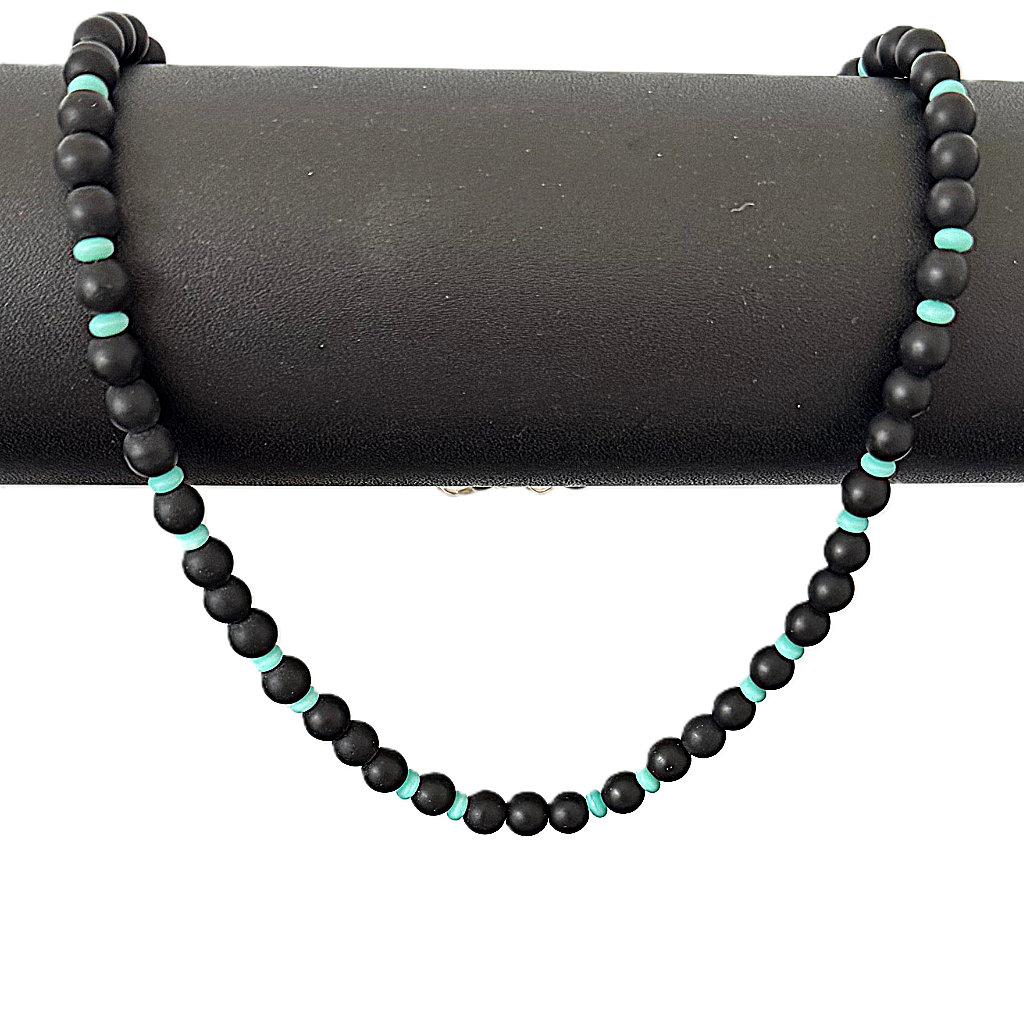 Mens Matte Black Onyx and Turquoise Czech 6mm Beaded Necklace On a Black Rod