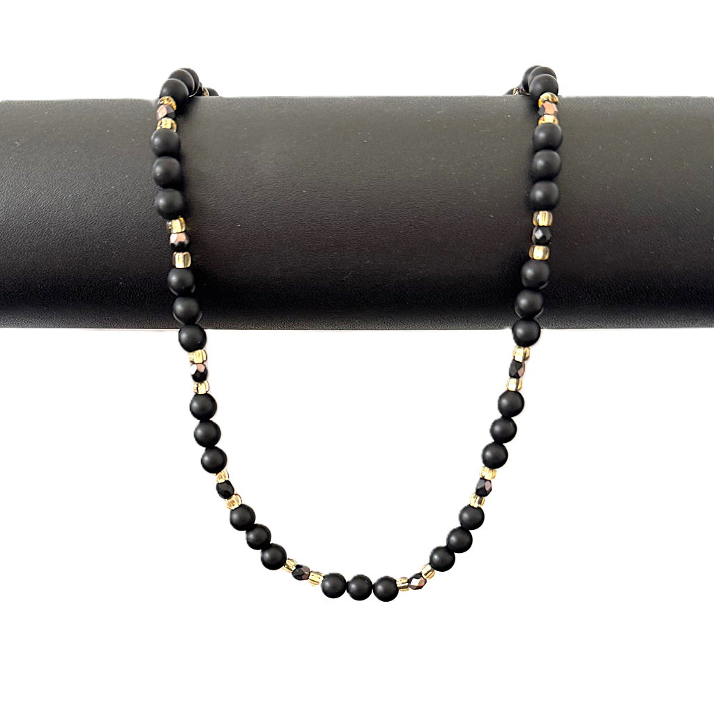 Mens Matte Black Onyx and Two Tone Czech Beaded Necklace On A Black Rod