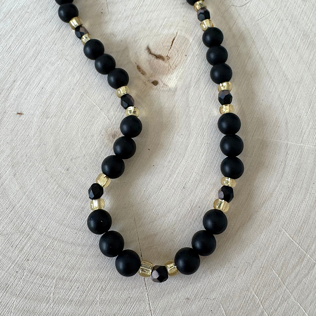 Mens Matte Black Onyx and Two Tone Czech Beaded Necklace 18" On Light Wood
