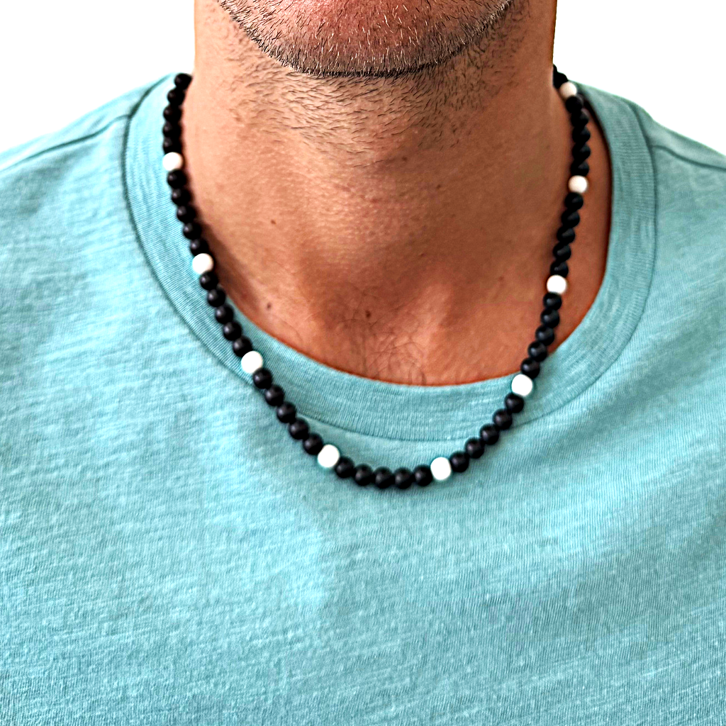 Mens Matte Black Onyx and White Beaded Necklace On A Man