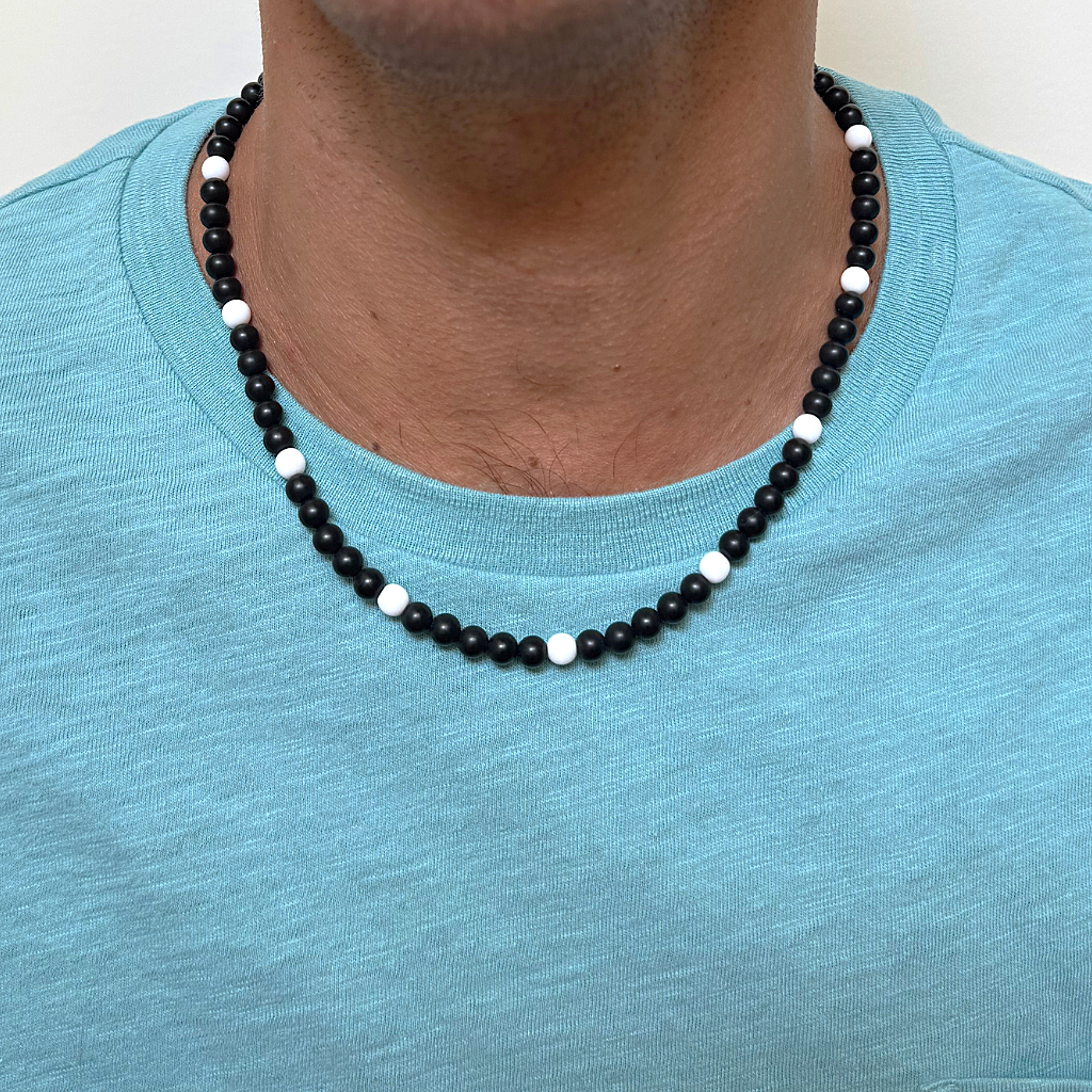 Mens Matte Black Onyx and White Czech Beaded Necklace On A Man