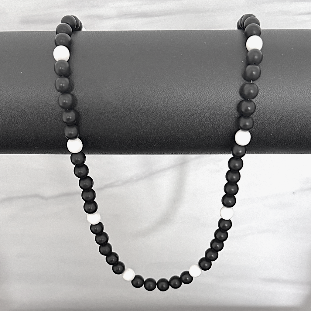 Mens Matte Black Onyx and White Czech Beaded Necklace On A Pole