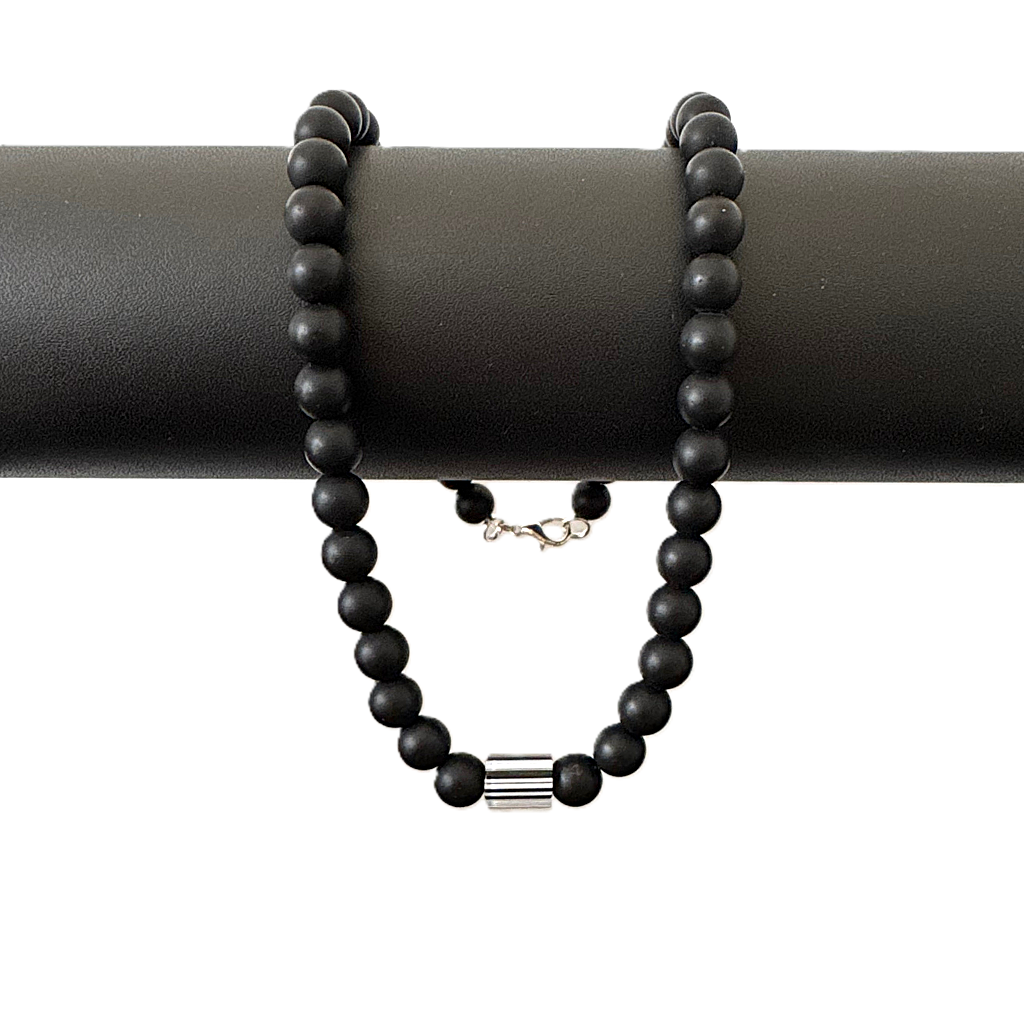 Mens Matte Black Onyx and White Glass Beaded Necklace - JaeBee