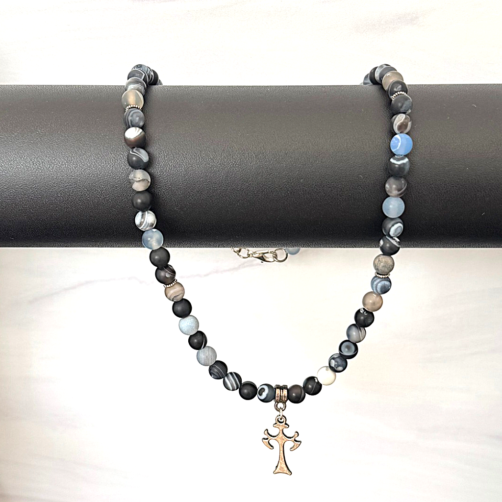 Mens Matte Blue Storm Line Agate Silver Cross Necklace On Black Rod