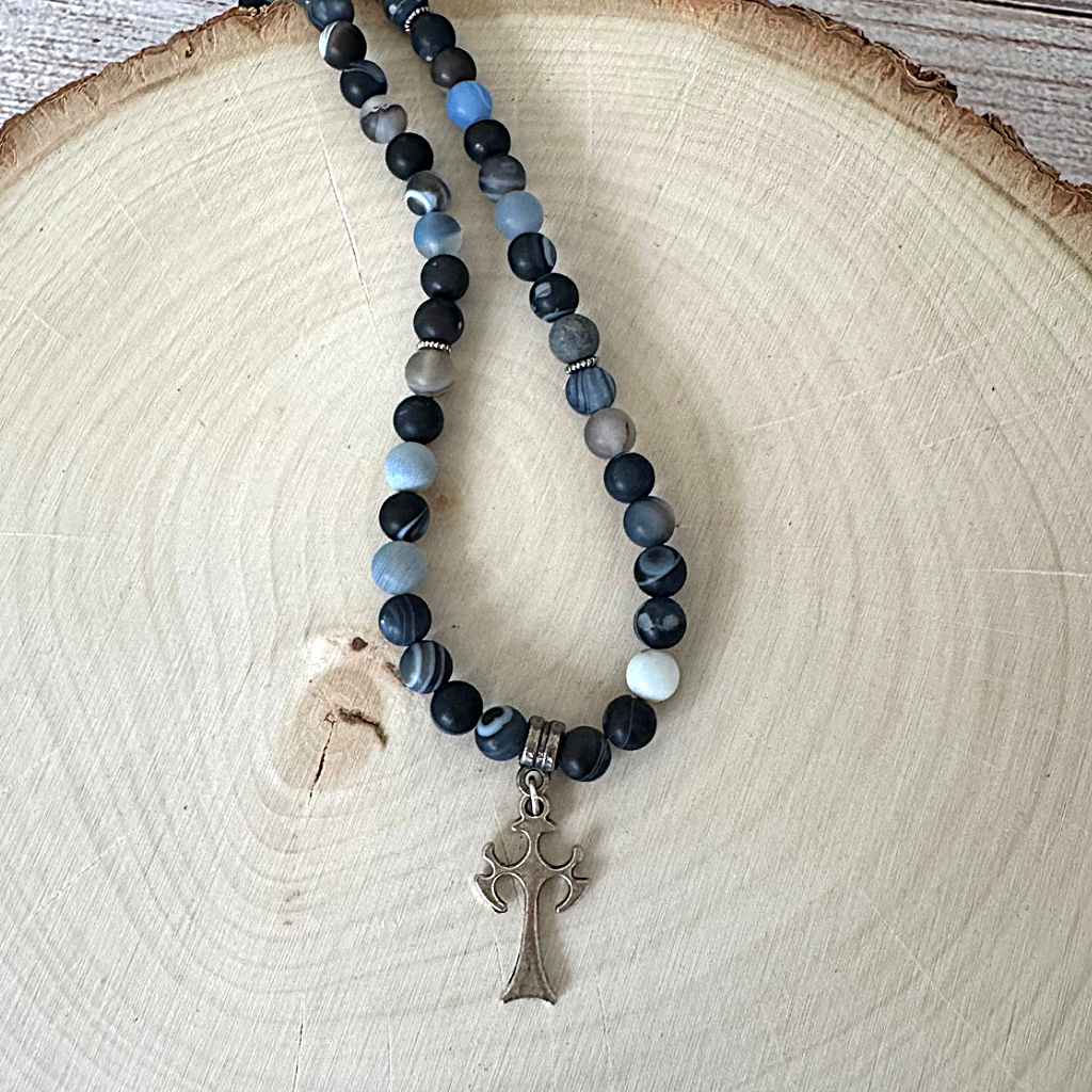 Mens Matte Blue Storm Line Agate Silver Cross Necklace 18" On Wood Display