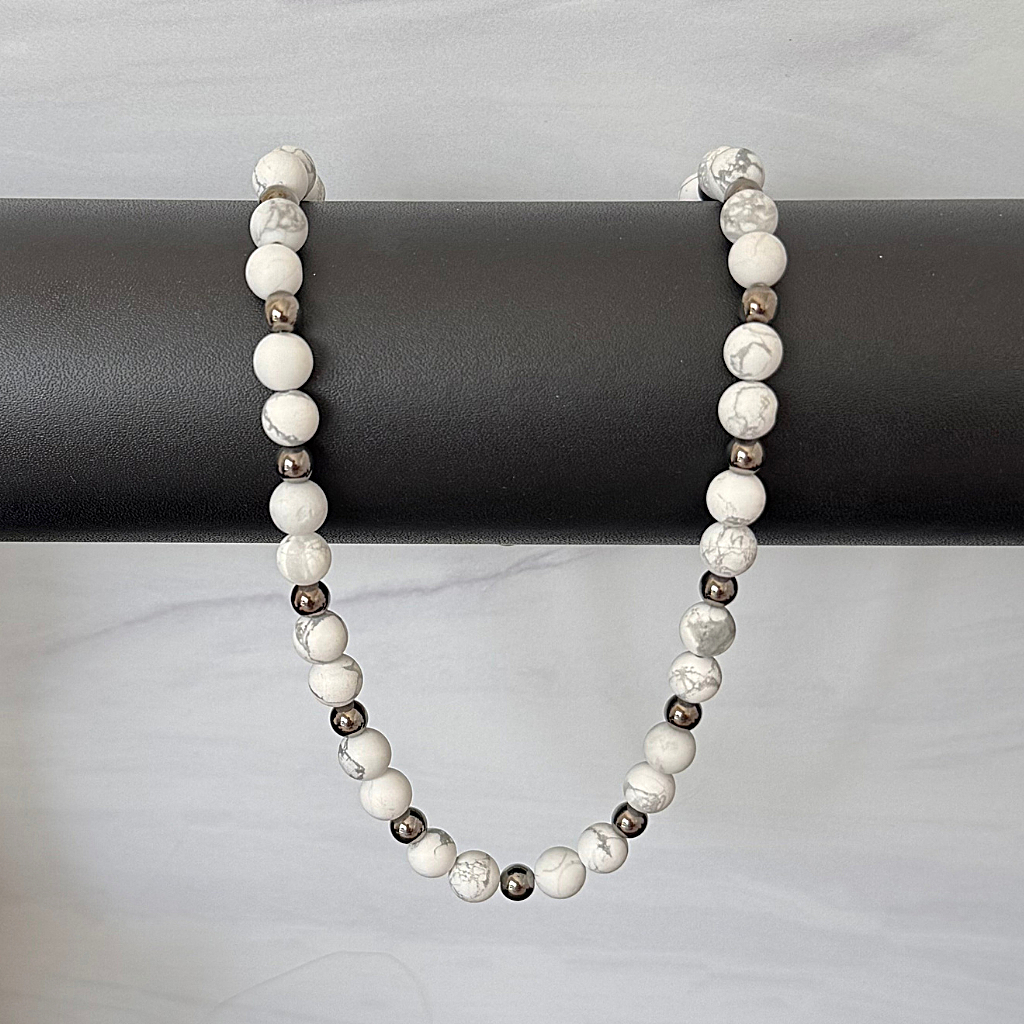 Mens Matte Howlite and Gun Metal Round Beaded Necklace On A Black Rod