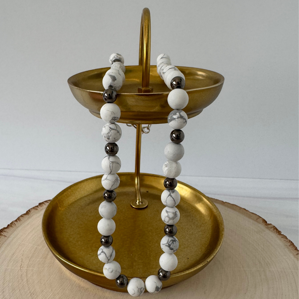 Mens Matte Howlite and Gun Metal Round Beaded Necklace Displayed