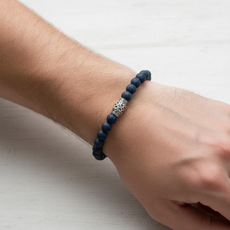 Mens Matte Navy Blue Fire Agate Beaded Stretch Bracelet with Silver Center Metal Bead.