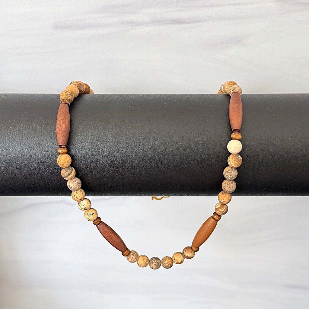 Mens Matte Picture Jasper and Elongated Wood Beaded Necklace on Bar