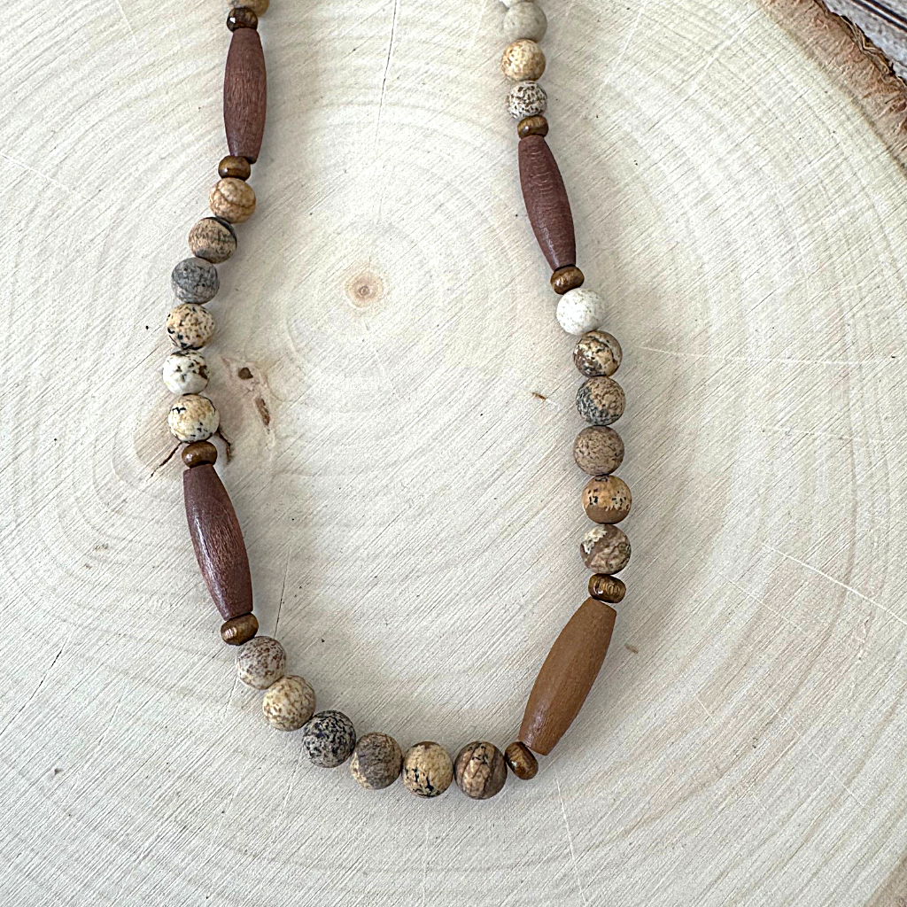 Mens Matte Picture Jasper and Elongated Wood Beaded Necklace On Wood Display