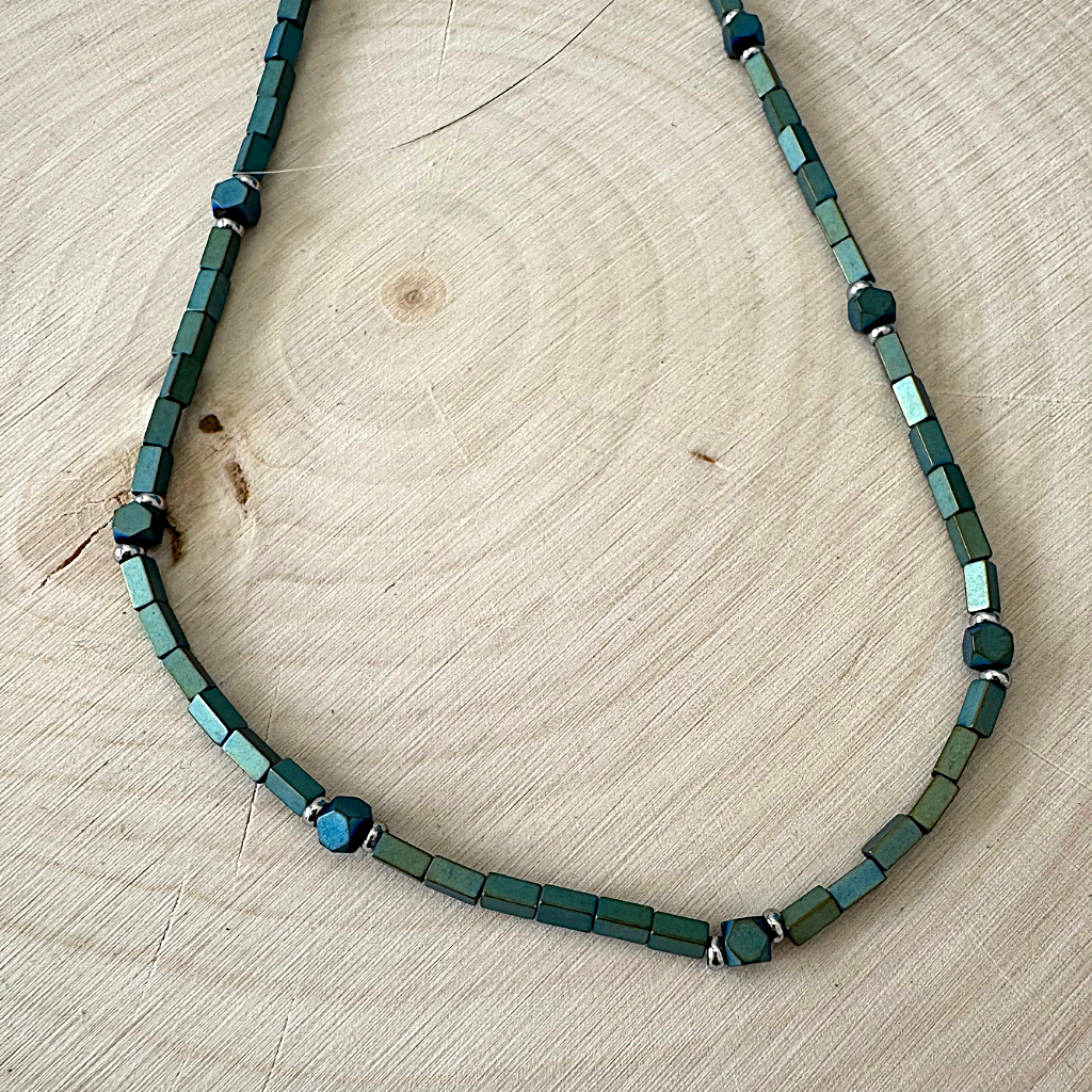 Mens Matte Metallic Water Hematite Tube Beaded Necklace Displayed