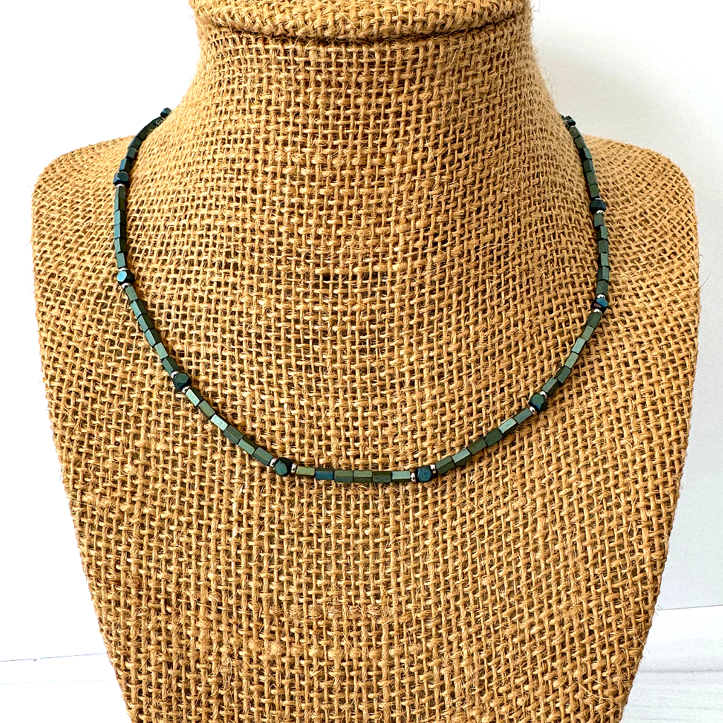 Mens Matte Metallic Water Hematite Tube Beaded Necklace On  A Display