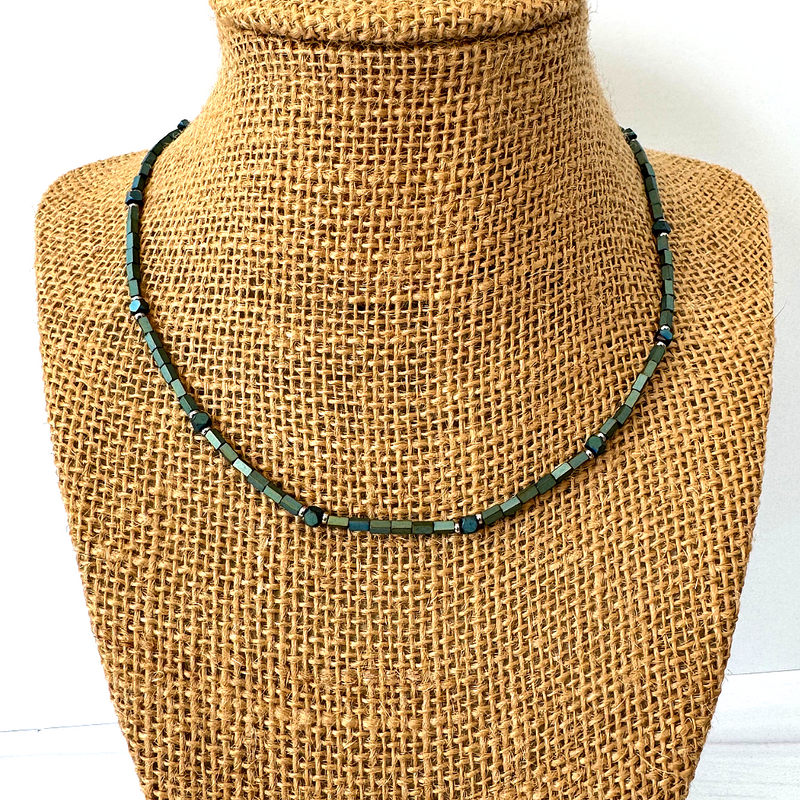 Mens Matte Metallic Water Hematite Tube Beaded Necklace On  A Display