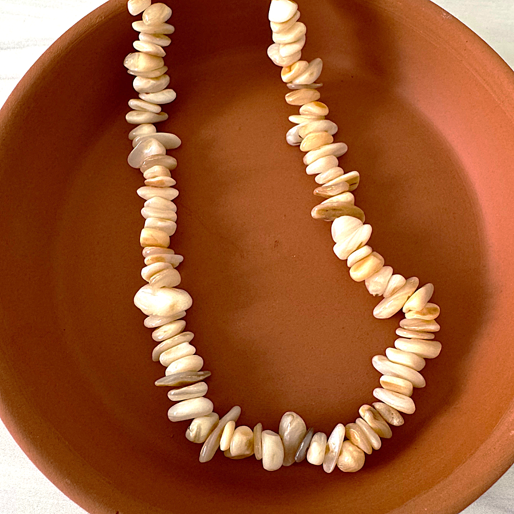 Mens Mother of Pearl Chip Beaded Necklace Displayed