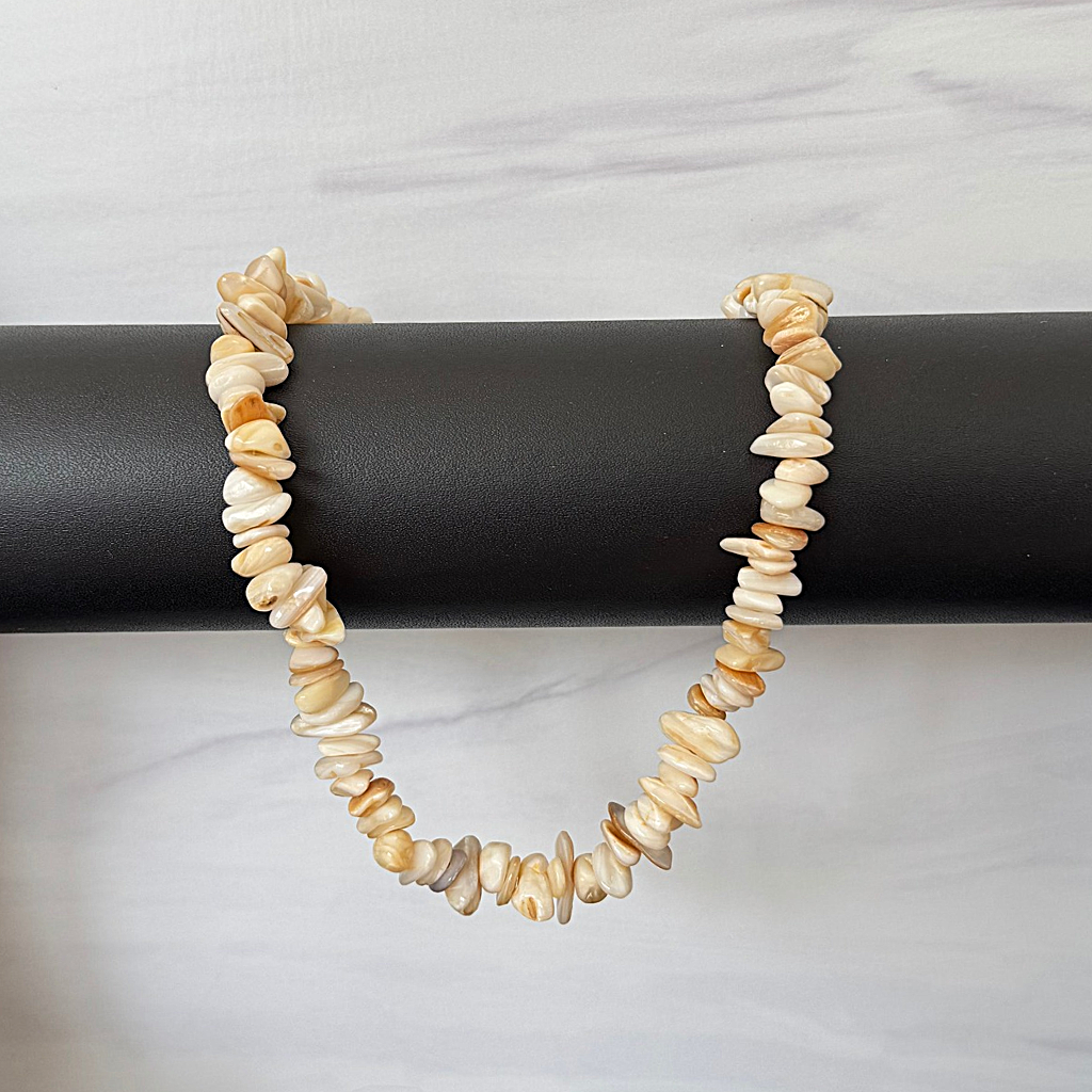 Mens Mother of Pearl Chip Beaded Necklace On A Black Bar