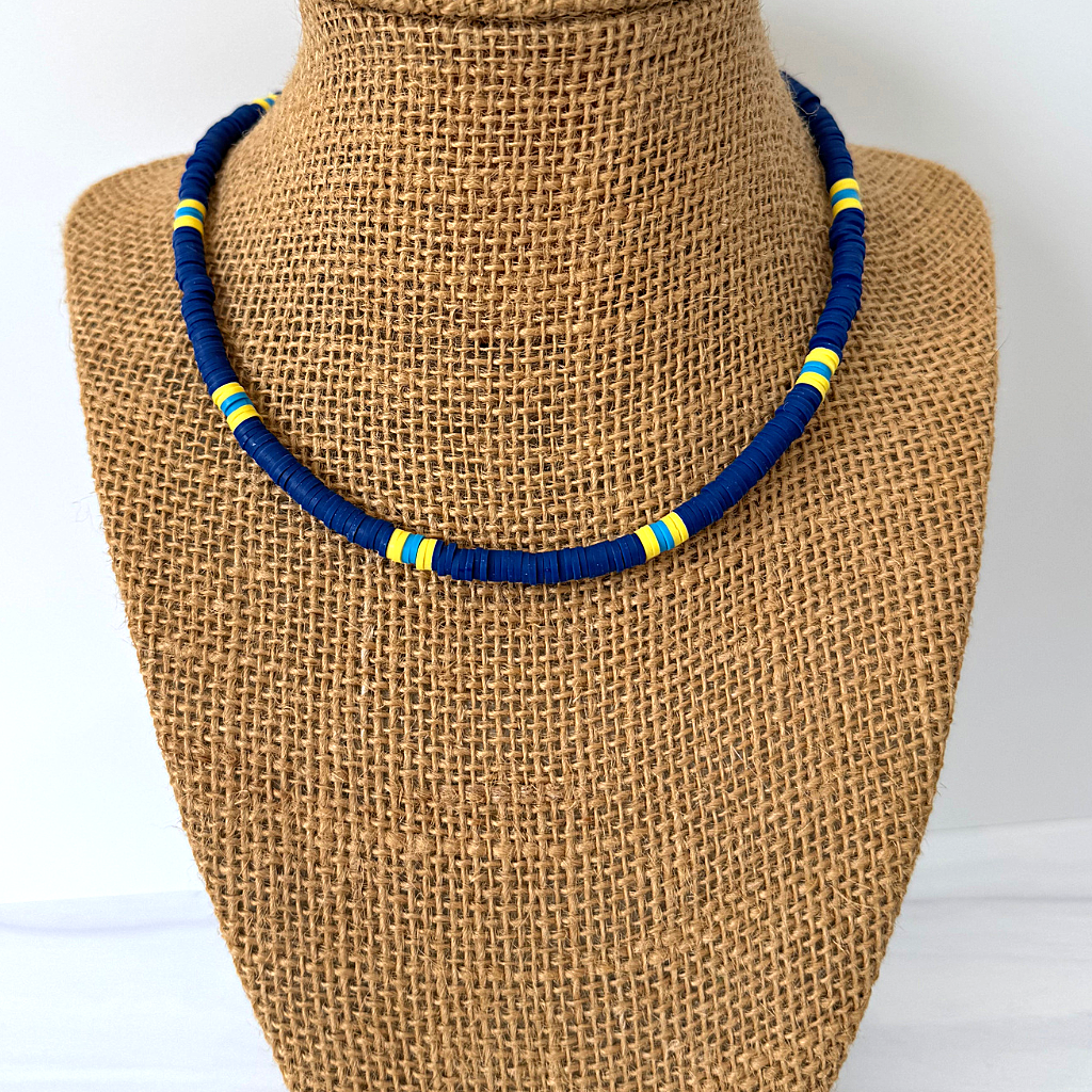 Mens Navy Blue Yellow and Light Blue Polymer Beaded Necklace