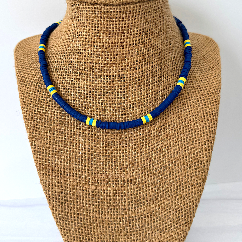Mens Navy Blue Yellow and Light Blue Polymer Beaded Necklace