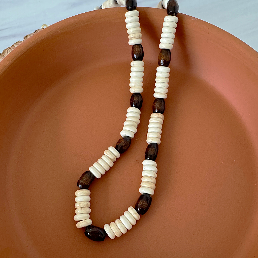 Mens Off White Magnesite Heishi and Wood Necklace On A Tray