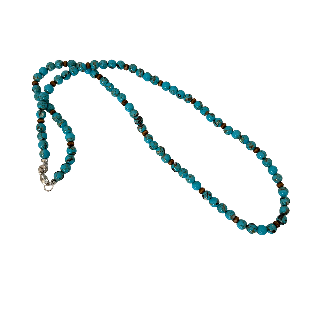Mens 6mm Turquoise Mosaic Shell and Wood Beaded Necklace.
