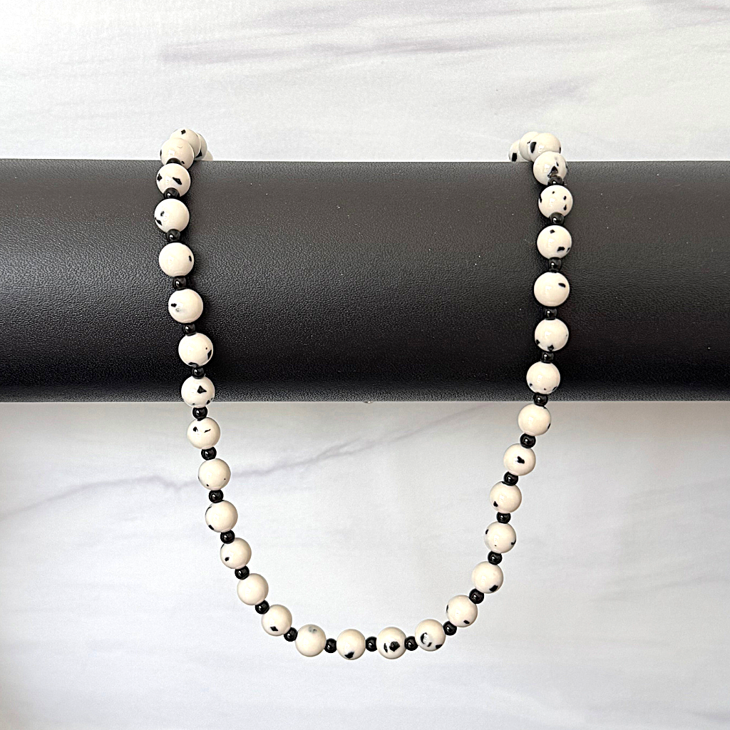 Mens White Dalmatian 6mm Agate and Black Onyx Beaded Necklace On A Black Rod