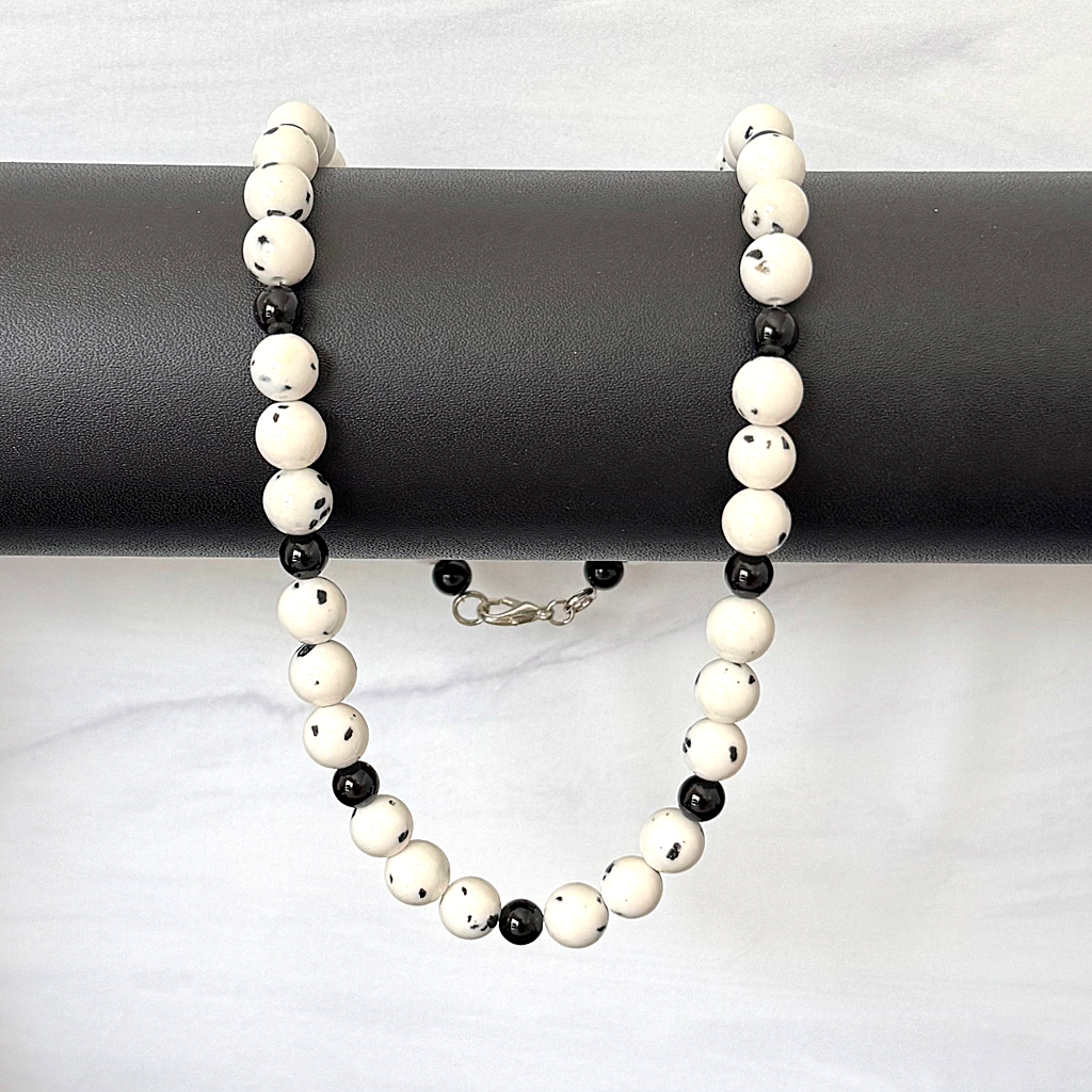 Mens White Dalmatian Agate and Black Onyx Beaded Necklace On A Rod